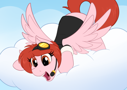 Size: 4093x2894 | Tagged: safe, artist:sugaryviolet, oc, oc:weathervane, species:pegasus, species:pony, clothing, cloud, crouching, female, headset, looking down, mare, microphone, shirt, solo, spread wings, wings
