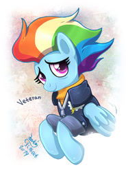 Size: 897x1200 | Tagged: safe, artist:joakaha, character:rainbow dash, species:pegasus, species:pony, episode:the last problem, g4, my little pony: friendship is magic, clothing, female, jacket, looking at you, mare, older, older rainbow dash, signature, smiling, solo