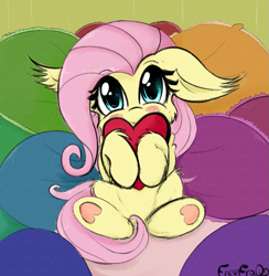 Size: 1155x1184 | Tagged: safe, artist:freefraq, character:fluttershy, species:pegasus, species:pony, blushing, cheek fluff, cute, dawwww, ear fluff, female, freefraq is trying to murder us, heart, heart pillow, hnnng, hoof heart, mare, pillow, shyabetes, smiling, solo, underhoof, weapons-grade cute