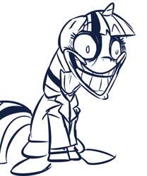 Size: 712x854 | Tagged: source needed, safe, artist:tess, species:pony, species:unicorn, clothing, female, grin, insanity, lineart, mare, monochrome, sitting, smiling, suit, the joker