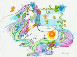 Size: 1627x1204 | Tagged: safe, artist:flower nymph, artist:longinius, character:princess celestia, species:alicorn, species:pony, abstract background, butterfly, crown, cutie mark, eyeshadow, female, flower, flower in hair, jewelry, makeup, mare, marker drawing, regalia, solo, traditional art, vine