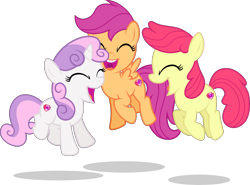 Size: 4500x3337 | Tagged: safe, artist:xebck, edit, editor:slayerbvc, character:apple bloom, character:scootaloo, character:sweetie belle, species:earth pony, species:pegasus, species:pony, species:unicorn, accessory-less edit, cutie mark, cutie mark crusaders, female, filly, missing accessory, pronking, simple background, the cmc's cutie marks, transparent background, vector, vector edit