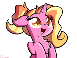 Size: 2048x1536 | Tagged: safe, artist:kimjoman, character:luster dawn, species:pony, species:unicorn, episode:the last problem, g4, my little pony: friendship is magic, chest fluff, cute, eye sparkles, female, lusterbetes, mare, open mouth, signature, simple background, solo, white background, wingding eyes