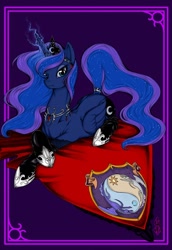 Size: 594x862 | Tagged: safe, artist:longinius, character:princess luna, species:alicorn, species:pony, clothed ponies, clothing, coat of arms, crest, female, horn jewelry, jewelry, mare, prone, socks, solo, tail wrap