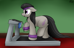 Size: 2347x1530 | Tagged: safe, artist:the-furry-railfan, character:octavia melody, species:earth pony, species:pony, earbuds, exercise, female, floppy ears, mare, open mouth, pudgy, raised hoof, solo, sweatband, treadmill, walkman