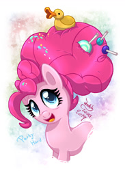 Size: 950x1300 | Tagged: safe, artist:joakaha, character:pinkie pie, species:earth pony, species:pony, episode:the last problem, g4, my little pony: friendship is magic, candy, confetti, digital art, female, food, lollipop, mare, older, older pinkie pie, rubber duck, solo