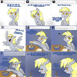 Size: 2254x2254 | Tagged: safe, artist:jitterbugjive, character:derpy hooves, species:pony, lovestruck derpy, ask, banana, batter, blushing, female, food, solo, tumblr