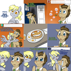 Size: 2254x2254 | Tagged: safe, artist:jitterbugjive, character:derpy hooves, character:doctor whooves, character:time turner, species:earth pony, species:pegasus, species:pony, lovestruck derpy, blushing, bubble blower, crossover, crying, doctor who, egg, female, food, male, mare, pancakes, stallion, tardis, tears of joy, the doctor