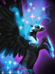 Size: 887x1200 | Tagged: safe, artist:jitterbugjive, character:nightmare moon, character:princess luna, species:alicorn, species:pony, ethereal mane, female, galaxy mane, mare, realistic horse legs, rearing, solo, spread wings, wings