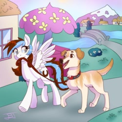 Size: 894x894 | Tagged: safe, artist:jitterbugjive, oc, oc only, species:dog, species:pegasus, species:pony, bridge, collar, female, glasses, golden retriever, house, mare, mountain, mouth hold, river, solo, spread wings, stream, tree, walking, wings