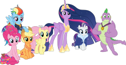 Size: 2690x1387 | Tagged: safe, artist:frownfactory, character:applejack, character:fluttershy, character:pinkie pie, character:rainbow dash, character:rarity, character:spike, character:twilight sparkle, character:twilight sparkle (alicorn), species:alicorn, species:dragon, species:earth pony, species:pegasus, species:pony, species:unicorn, episode:the last problem, g4, my little pony: friendship is magic, .svg available, alternate hairstyle, cloak, clothing, female, gigachad spike, hat, horn, jewelry, male, mare, medal, older, older applejack, older fluttershy, older pinkie pie, older rainbow dash, older rarity, older spike, older twilight, princess twilight 2.0, regalia, simple background, svg, transparent background, vector, wings