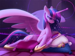 Size: 1800x1350 | Tagged: safe, alternate version, artist:dawnfire, character:twilight sparkle, character:twilight sparkle (alicorn), species:alicorn, species:pony, episode:the last problem, g4, my little pony: friendship is magic, book, crepuscular rays, crown, cute, cutie mark, dust motes, ethereal mane, female, galaxy mane, glowing horn, hoof shoes, horn, jewelry, lidded eyes, magic, mare, older, older twilight, pillow, princess twilight 2.0, prone, regalia, smiling, solo, sparkles, spread wings, tiara, twiabetes, wings