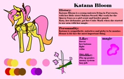 Size: 1024x651 | Tagged: safe, artist:oneiria-fylakas, oc, oc:katana bloom, species:pony, species:unicorn, engrish, female, mare, reference sheet, solo
