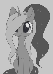 Size: 981x1350 | Tagged: safe, artist:dusthiel, character:princess luna, species:alicorn, species:pony, inktober, :3, alternate hairstyle, blep, cheek fluff, cute, ear fluff, female, grayscale, hair over one eye, lunabetes, mare, monochrome, ponytail, sitting, solo, tongue out