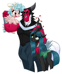 Size: 1200x1440 | Tagged: safe, artist:flutterthrash, character:cozy glow, character:lord tirek, character:queen chrysalis, species:centaur, species:changeling, species:pegasus, species:pony, ship:chrysirek, a better ending for chrysalis, a better ending for cozy, a better ending for tirek, bow, bracer, changeling queen, commission, cozybetes, cute, cutealis, daddy tirek, eye clipping through hair, eye contact, family, female, filly, foal, hair bow, heart, heartwarming, looking at each other, male, mare, mommy chrissy, nose piercing, nose ring, open mouth, piercing, shipping, signature, simple background, smiling, straight, sweet dreams fuel, tail bow, tirebetes, white background