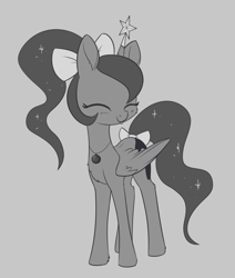 Size: 1259x1488 | Tagged: safe, artist:dusthiel, character:princess luna, species:alicorn, species:pony, inktober, alternate hairstyle, bow, chest fluff, cute, eyes closed, female, grayscale, hair bow, lunabetes, mare, monochrome, ponytail, solo, tail bow, tongue out