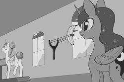 Size: 1844x1220 | Tagged: safe, artist:dusthiel, character:princess celestia, character:princess luna, species:alicorn, species:pony, inktober, alternate hairstyle, banana, duo, eyes on the prize, female, food, grayscale, hair bun, mare, monochrome, prank, royal sisters, siblings, sisters, sling, slingshot, tail bun, this will end in pain, this will end in tears, this will end in tears and/or a journey to the moon, treadmill