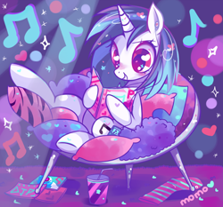 Size: 790x736 | Tagged: safe, artist:ipun, character:dj pon-3, character:vinyl scratch, drink, female, heart eyes, mp3 player, music, pillow, solo