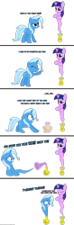 Size: 1050x3200 | Tagged: dead source, safe, artist:navitaserussirus, character:trixie, character:twilight sparkle, asktwixiegenies, ship:twixie, angry, comic, didn't think this through, exact words, female, genie, genie pony, geniefied, lesbian, magic, raised hoof, scared, shipping, simple background, transformation, vector, white background