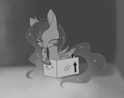 Size: 1474x1160 | Tagged: safe, artist:dusthiel, character:princess luna, species:alicorn, species:pony, inktober, behaving like a cat, blushing, box, female, food, grayscale, if i fits i sits, meat, monochrome, pepperoni, pepperoni pizza, pizza, pony in a box, solo