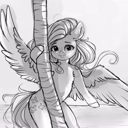 Size: 4000x4000 | Tagged: safe, artist:miokomata, character:fluttershy, species:pegasus, species:pony, bipedal, blep, female, freckles, mare, monochrome, palm tree, semi-anthro, solo, tongue out, tree