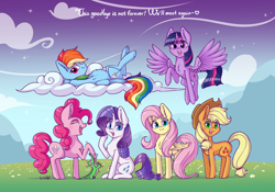 Size: 4680x3281 | Tagged: safe, artist:dsp2003, character:applejack, character:fluttershy, character:gummy, character:pinkie pie, character:rainbow dash, character:rarity, character:twilight sparkle, character:twilight sparkle (alicorn), species:alicorn, species:earth pony, species:pegasus, species:pony, species:unicorn, :3, armpits, chest fluff, cloud, cute, ear fluff, end of ponies, faec, female, flying, frog (hoof), leg fluff, looking at you, mane six, mare, mlp fim's ninth anniversary, open mouth, signature, smug, smugdash, spread wings, stars, underhoof, wings