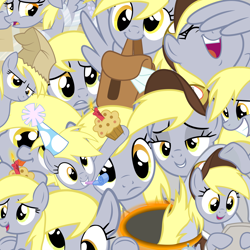 Size: 6000x6000 | Tagged: safe, artist:luckreza8, character:derpy hooves, species:pegasus, species:pony, clothing, confused, female, happy, hat, letter, lidded eyes, multeity, paper bag, party hat, portal, sad, unstoppable force of derp, wallpaper
