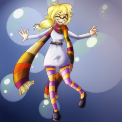 Size: 750x750 | Tagged: safe, artist:craftykraken, artist:jitterbugjive, character:derpy hooves, species:human, lovestruck derpy, adorkable, clothing, cute, derpabetes, dork, dress, female, fourth doctor's scarf, humanized, socks, solo, stockings, striped socks, thigh highs