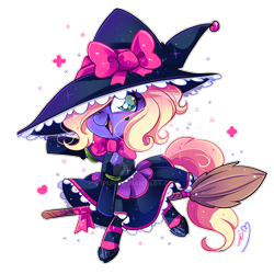 Size: 800x800 | Tagged: safe, artist:ipun, oc, oc only, species:pony, broom, chibi, clothing, deviantart watermark, dress, female, flying, flying broomstick, hat, mare, obtrusive watermark, simple background, solo, transparent background, watermark, witch hat