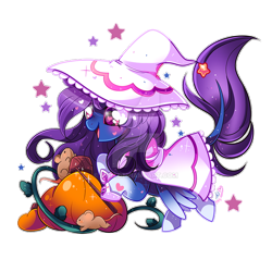 Size: 800x762 | Tagged: safe, artist:ipun, oc, oc only, oc:aurora (zenzii), species:pony, chibi, clothing, costume, deviantart watermark, dress, fairy godmother, female, hat, magic wand, mare, mouse, nightmare night costume, obtrusive watermark, pumpkin, simple background, solo, transparent background, watermark, witch hat