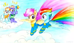 Size: 3974x2322 | Tagged: safe, artist:liaaqila, character:bow hothoof, character:rainbow dash, character:scootaloo, character:windy whistles, species:pegasus, species:pony, alternate hairstyle, clothing, cloud, female, flag, flying, male, mare, scootaloo can fly, scootalove, shirt, stallion, sweater, traditional art, uniform, wonderbolts, wonderbolts uniform