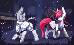 Size: 3400x2100 | Tagged: safe, artist:chapaevv, oc, oc only, oc:halbes, oc:the ted, species:pony, species:unicorn, species:zebra, armor, clothing, commission, duo, forest, hammer, male, sword, weapon, zebra oc