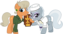 Size: 4000x2200 | Tagged: safe, artist:cheezedoodle96, character:ms. harshwhinny, character:silver spoon, species:earth pony, species:pony, .svg available, alternate clothes, award, beauty mark, blushing, braid, chef, chef outfit, chef's hat, clothing, excited, eyeshadow, female, future, glasses, happy, hat, headcanon, jacket, looking at you, makeup, mare, mlp fim's ninth anniversary, older, older silver spoon, ponytail, raised hoof, shirt, simple background, svg, transparent background, vector