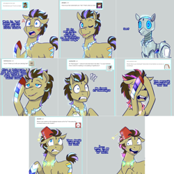 Size: 2254x2254 | Tagged: safe, artist:jitterbugjive, character:doctor whooves, character:time turner, oc, oc:neosurgeon, species:pony, lovestruck derpy, ask, clothing, fez, hat, hologram, robot, robot pony, solo, tumblr
