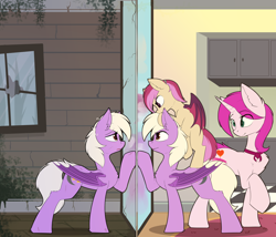 Size: 4136x3548 | Tagged: safe, artist:beardie, oc, oc only, oc:beaming heart, oc:pinkfull night, oc:ruby radiance, species:bat pony, species:pony, species:unicorn, abandoned, brave, broken mirror, broken window, clothing, commission, family, female, filly, kitchen, looking at each other, mare, messy mane, mirror, past and present, sad, scarf, scratches, smiling, teenager, this will end in happiness