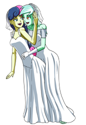 Size: 2067x3000 | Tagged: safe, artist:artemis-polara, character:bon bon, character:lyra heartstrings, character:sweetie drops, ship:lyrabon, my little pony:equestria girls, barefoot, breasts, canon ship, clothing, dress, feet, female, gay marriage, hand on head, heart eyes, lesbian, marriage, married couple, open mouth, ring, shipping, simple background, smiling, toes, transparent background, wedding dress, wedding ring, wedding veil, wingding eyes