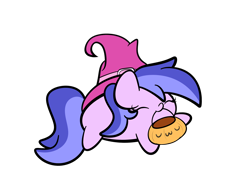 Size: 2560x1920 | Tagged: safe, artist:kimjoman, character:sea swirl, species:pony, species:unicorn, chubbie, background pony, clothing, cute, eyes closed, female, hat, mare, mouth hold, pumpkin bucket, simple background, transparent background, uwu, witch hat, ych result