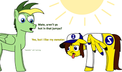 Size: 1161x688 | Tagged: safe, artist:didgereethebrony, oc, oc:didgeree, oc:ponyseb, species:pegasus, species:pony, cap, clothing, cutie mark, dialogue, hat, panting, simple background, sun, sweat, sweater, sweater weather, tongue out, transparent background