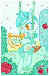 Size: 600x929 | Tagged: safe, artist:ipun, character:lyra heartstrings, species:pony, species:unicorn, blushing, featured on derpibooru, female, flower, garden, happy, heart eyes, hoof hold, lyre, musical instrument, smiling, solo, swing, wingding eyes