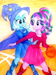 Size: 2320x3094 | Tagged: safe, artist:liaaqila, character:starlight glimmer, character:trixie, my little pony:equestria girls, ball, basketball, boots, cape, clothing, dress, fall formal outfits, hat, high heel boots, playing, shoes, sports, traditional art, trixie's cape, trixie's hat