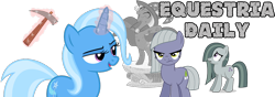 Size: 1000x350 | Tagged: safe, artist:luckreza8, character:limestone pie, character:marble pie, character:trixie, species:earth pony, species:pony, species:unicorn, equestria daily, banner, pickaxe, statue, trixie day