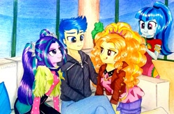 Size: 2977x1954 | Tagged: safe, artist:liaaqila, character:adagio dazzle, character:aria blaze, character:flash sentry, character:sonata dusk, ship:flashagio, ship:flasharia, episode:find the magic, g4, my little pony: equestria girls, my little pony:equestria girls, spoiler:eqg series (season 2), bedroom eyes, belt, blushing, clothing, commission, couch, dress, eyeshadow, feet, female, flash sentry gets all the dazzlings, flash sentry gets all the mares, flash sentry gets all the sirens, flash sentry gets all the waifus, food, harem, headband, hoodie, imminent fffm foursome, imminent foursome, imminent group sex, imminent orgy, imminent sex, jacket, jeans, leather jacket, licking, licking lips, makeup, male, pants, pillow, plant, polyamory, senata, shipping, shirt, shorts, sitting, sonataco, spiked headband, straight, taco, taco dress, that girl sure loves tacos, the dazzlings, tongue out, traditional art