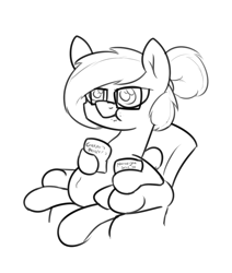 Size: 956x1125 | Tagged: source needed, safe, artist:moonatik, oc, oc only, oc:moonatik, species:pegasus, species:pony, belly, candy, chair, eating, food, glasses, hair bun, solo