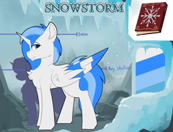 Size: 5968x4542 | Tagged: safe, artist:beardie, oc, oc:snowstorm, species:alicorn, species:pony, alicorn oc, book, horn, male, reference sheet, smiling, stallion, wings