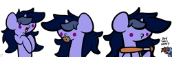 Size: 4608x1536 | Tagged: safe, artist:kimjoman, oc, oc only, oc:bizarre song, oc:purple flix, species:pony, species:unicorn, :t, baseball bat, chibi, cookie, food, male, mouth hold, nom, simple background, solo, white background