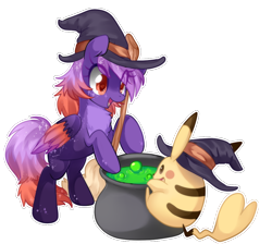 Size: 950x853 | Tagged: safe, artist:loyaldis, oc, oc only, oc:ardent dusk, species:pegasus, species:pony, broom, cauldron, chest fluff, clothing, crossover, female, hat, pikachu, pokémon, simple background, solo, transparent background, witch hat, ych result