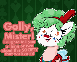 Size: 1753x1410 | Tagged: safe, artist:moonatik, character:cozy glow, species:pegasus, species:pony, bow, clothing, clown, clown makeup, clowny glow, costume, female, filly, golly, joker (2019), society, solo, talking to viewer, the joker, we live in a society, xk-class end-of-the-world scenario