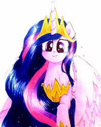 Size: 2025x2540 | Tagged: safe, artist:liaaqila, character:twilight sparkle, character:twilight sparkle (alicorn), species:alicorn, species:pony, episode:the last problem, g4, my little pony: friendship is magic, crying, end of ponies, female, jewelry, mare, older, older twilight, princess twilight 2.0, raised hoof, regalia, simple background, smiling, smiling at you, solo, tears of joy, teary eyes, traditional art, white background