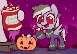 Size: 2560x1800 | Tagged: safe, artist:dawnfire, oc, species:pegasus, species:pony, candy, clothing, costume, food, hoof hold, nightmare night, pumpkin bucket, shadowbolts costume