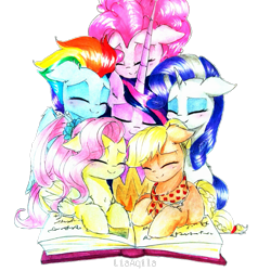 Size: 983x983 | Tagged: safe, artist:liaaqila, character:applejack, character:fluttershy, character:pinkie pie, character:rainbow dash, character:rarity, character:twilight sparkle, character:twilight sparkle (alicorn), species:alicorn, species:earth pony, species:pegasus, species:pony, species:unicorn, episode:the last problem, g4, my little pony: friendship is magic, alternate hairstyle, book, clothing, cute, dashabetes, diapinkes, end of ponies, eyes closed, eyeshadow, female, hatless, jackabetes, liaaqila is trying to murder us, makeup, mane six, mare, marker drawing, missing accessory, older, older applejack, older fluttershy, older mane six, older pinkie pie, older rainbow dash, older rarity, older twilight, princess twilight 2.0, raribetes, scarf, shyabetes, simple background, sweet dreams fuel, traditional art, transparent background, twiabetes, weapons-grade cute